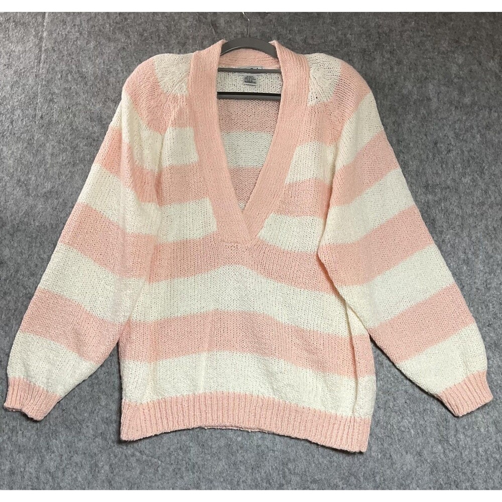 Vintage Sweater Women Medium Pink White Striped Deep V Neck Pullover Knit Preppy